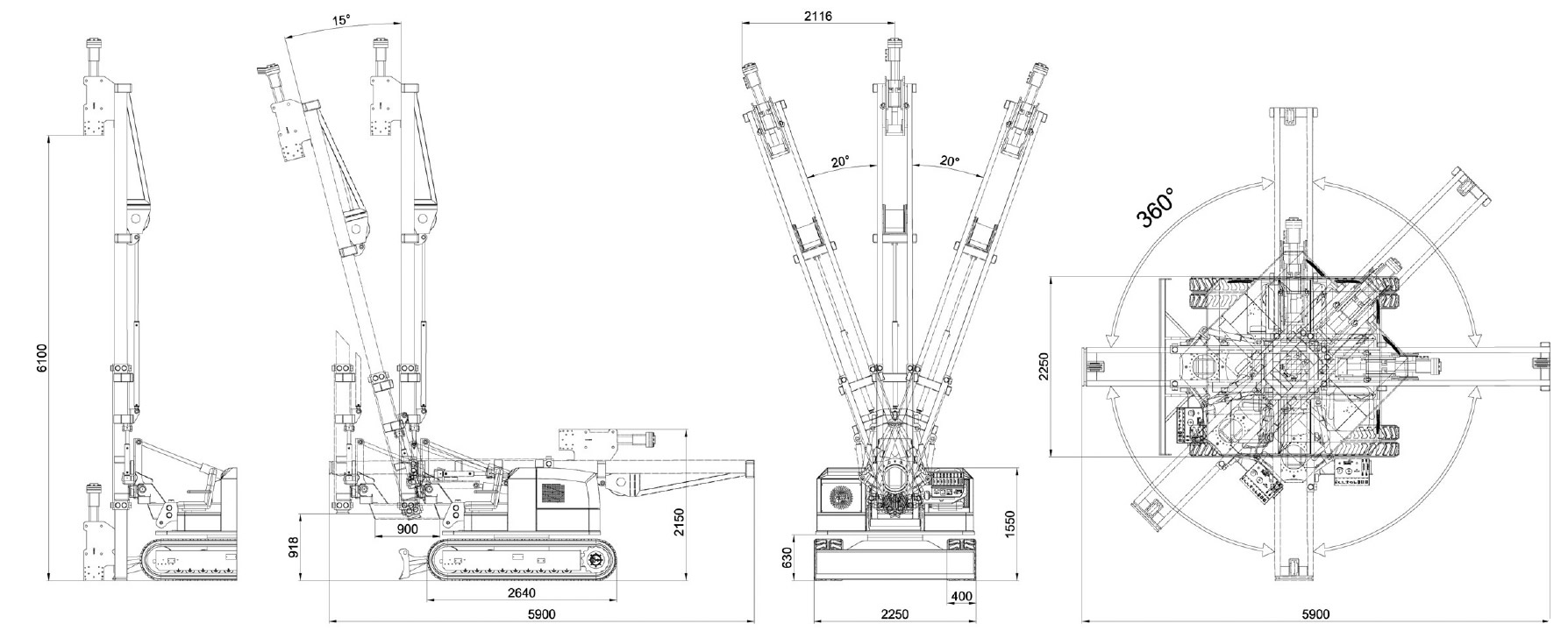 Maße und technische Zeichnung eines Rammgeräts des Modells 900