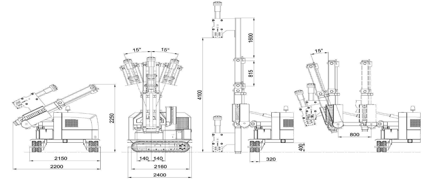 Maße und technische Zeichnung eines Rammgeräts des Modells 900